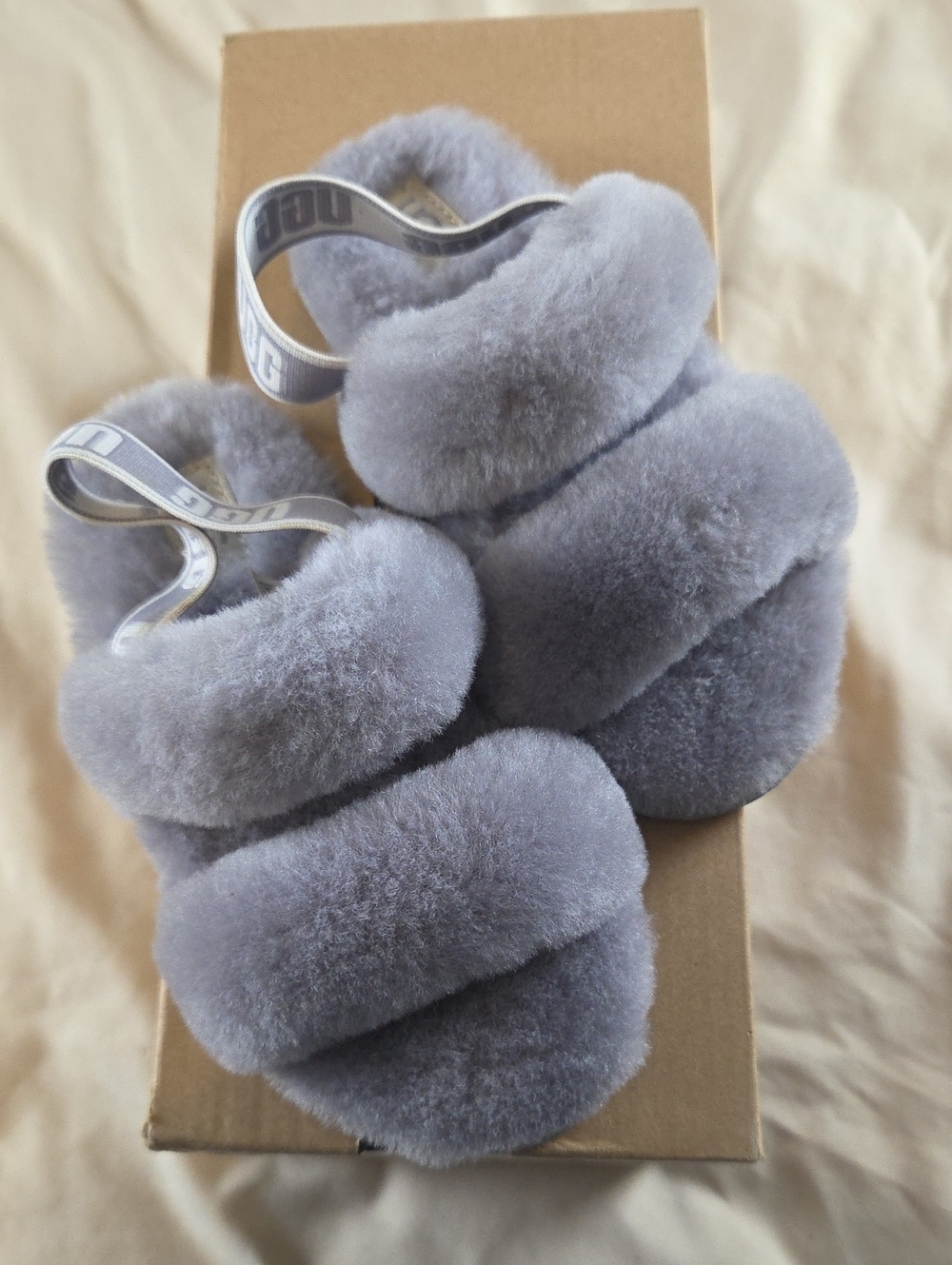 UGG Grey Plush Shearling Slide Sandals with Branded Elastic Strap